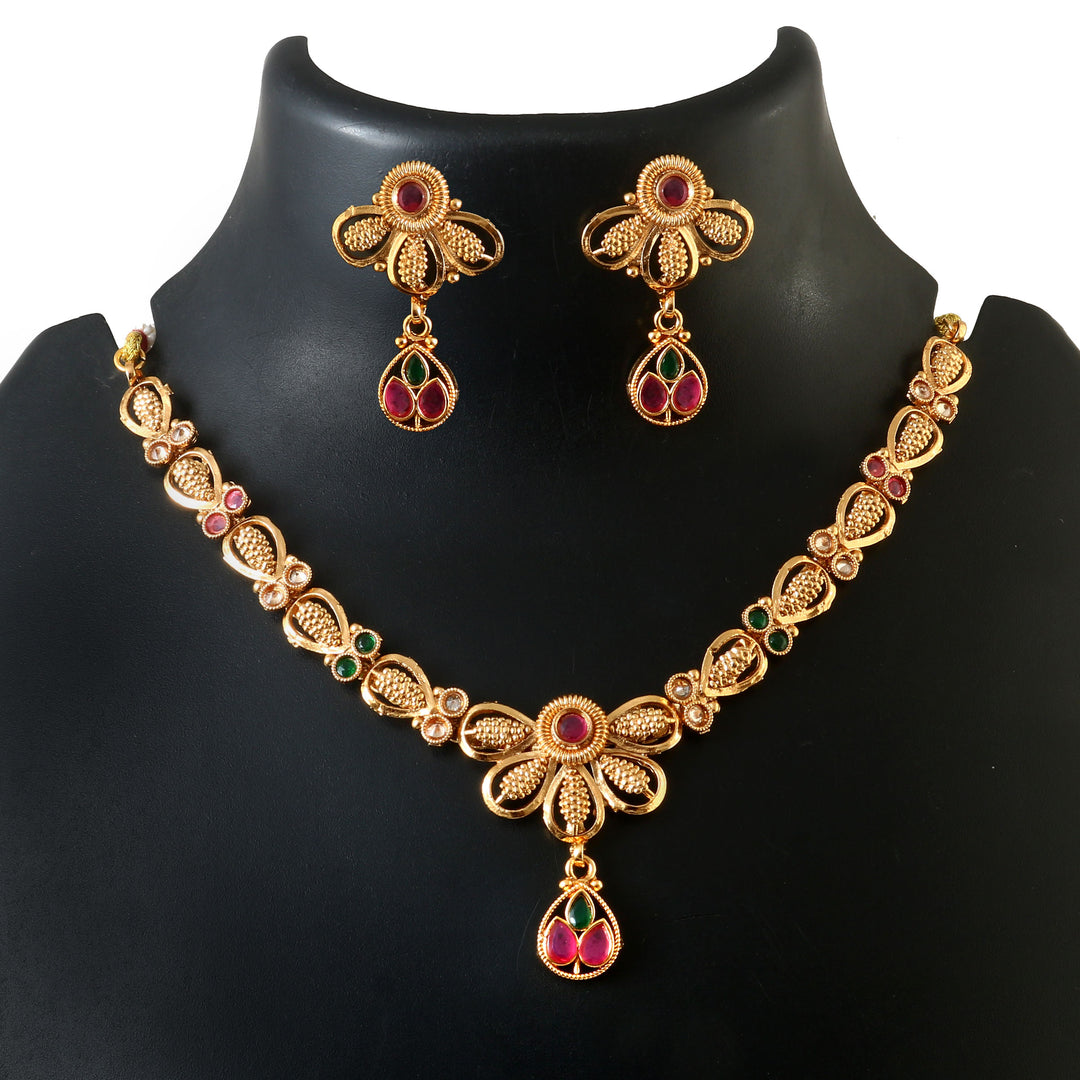 Gold Plated Ruby Red,Emrald and Pearl Studded Gold Beaded Handcrafted Jewellery Set