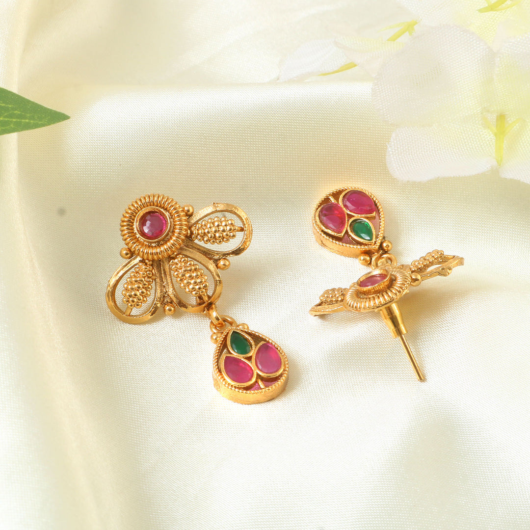 Gold Plated Ruby Red,Emrald and Pearl Studded Gold Beaded Handcrafted Jewellery Set