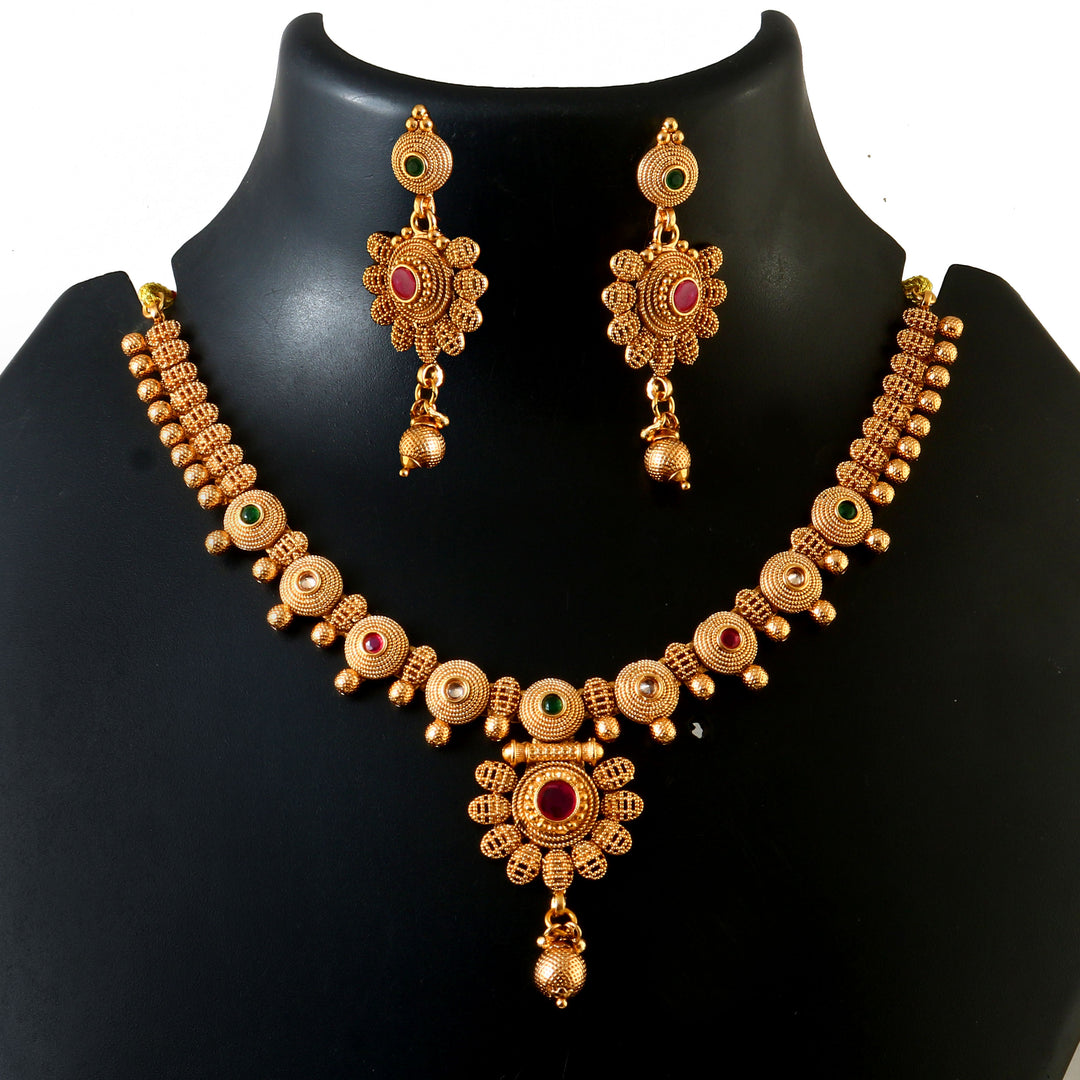 Gold Plated Ruby Red,Emrald and Pearl Studded Gold Beaded Handcrafted Jewellery Set