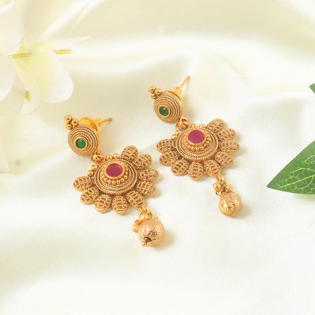 Gold Plated Ruby Red,Emrald and Pearl Studded Gold Beaded Handcrafted Jewellery Set