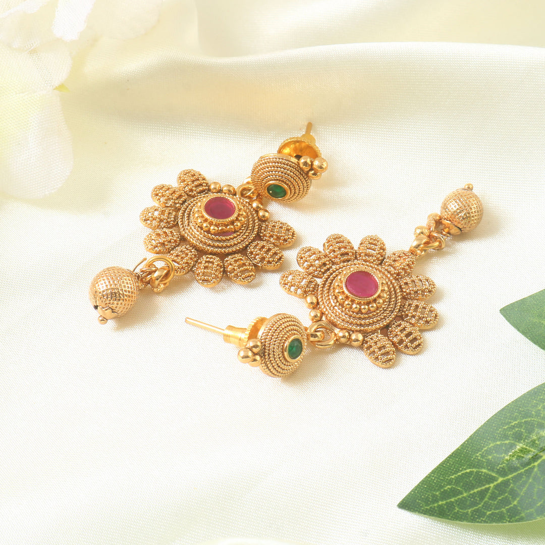 Gold Plated Ruby Red,Emrald and Pearl Studded Gold Beaded Handcrafted Jewellery Set