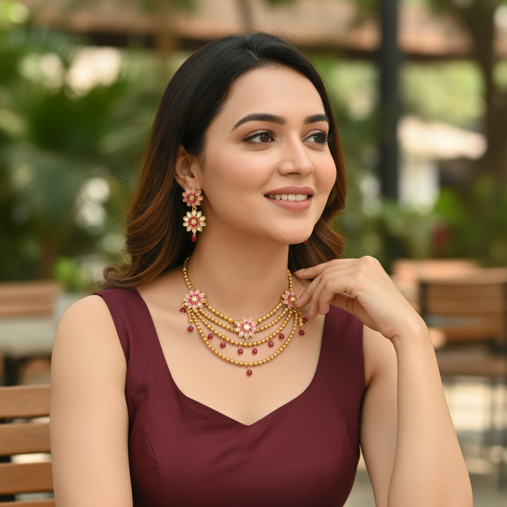 Gold Plated Ruby Red Studded Gold Beaded Handcrafted Jewellery Set