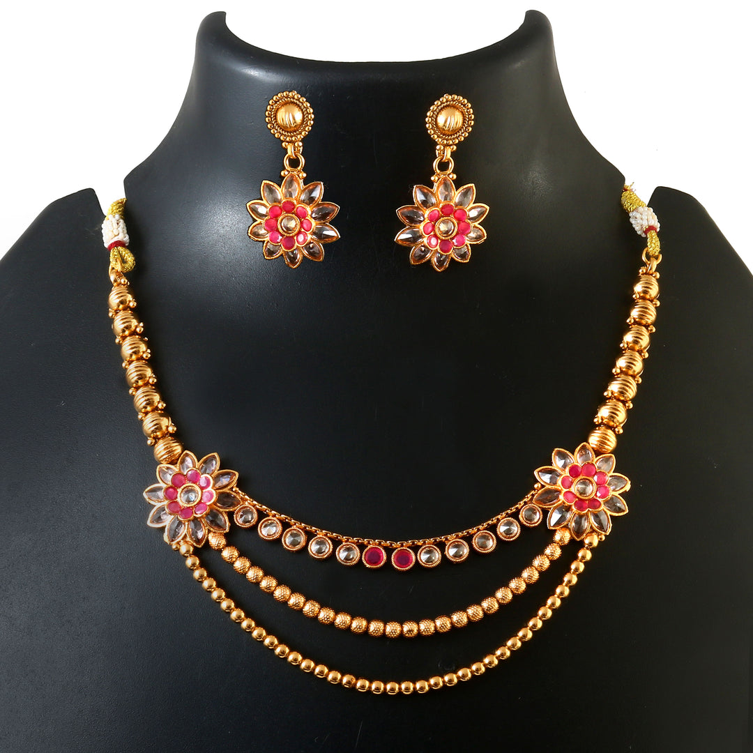 Gold Plated Ruby Red Studded Gold Beaded Handcrafted Jewellery Set