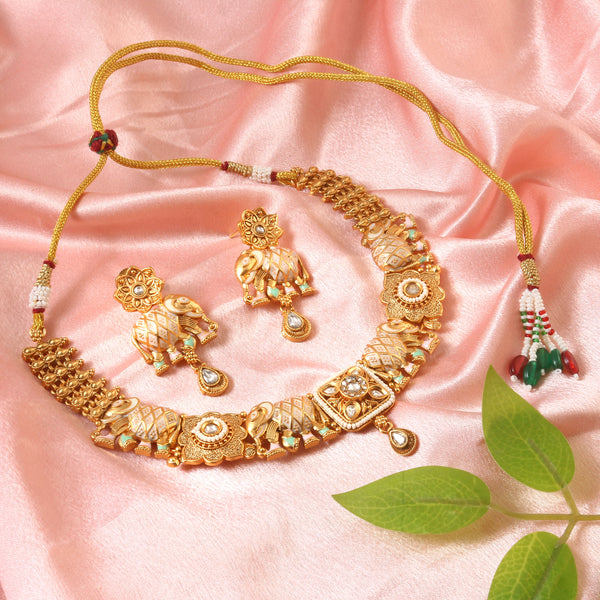 Elegant Antique Gold-Plated Kundan Studded Meenakari Choker Necklace with Elephant Motifs
