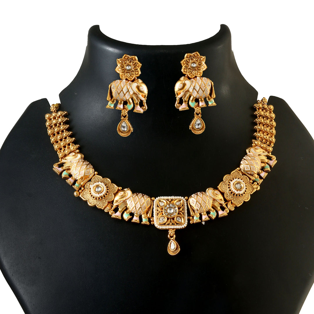 Elegant Antique Gold-Plated Kundan Studded Meenakari Choker Necklace with Elephant Motifs