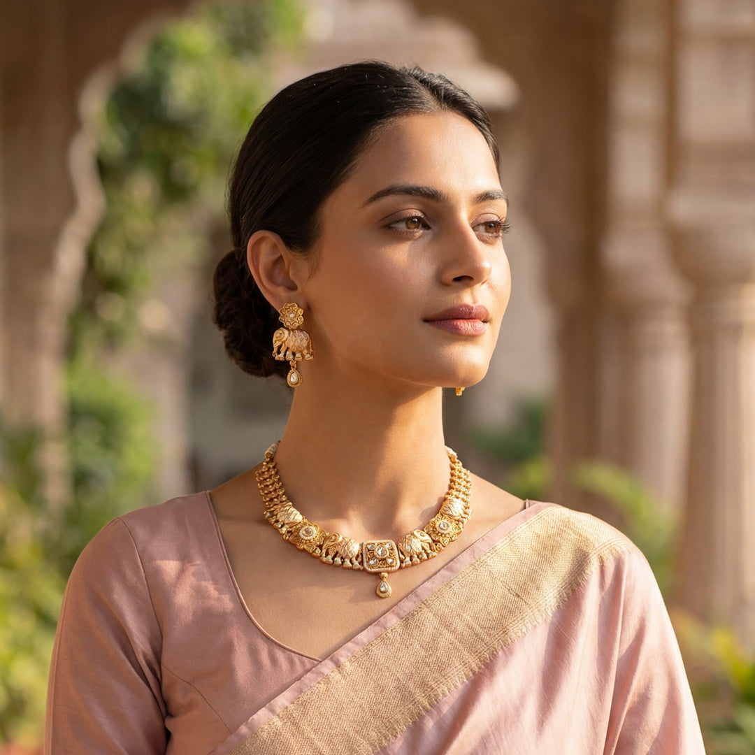 Elegant Antique Gold-Plated Kundan Studded Meenakari Choker Necklace with Elephant Motifs