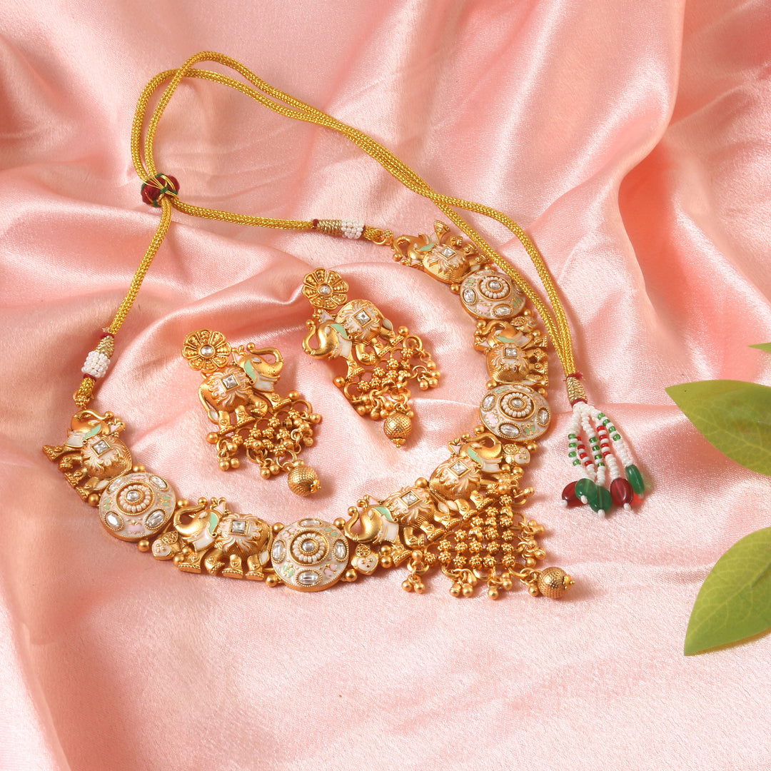 Gold-plated choker set with elephant motif, hand-painted Meenakari & matching earrings