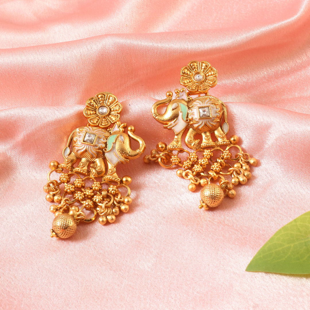 Gold-plated choker set with elephant motif, hand-painted Meenakari & matching earrings