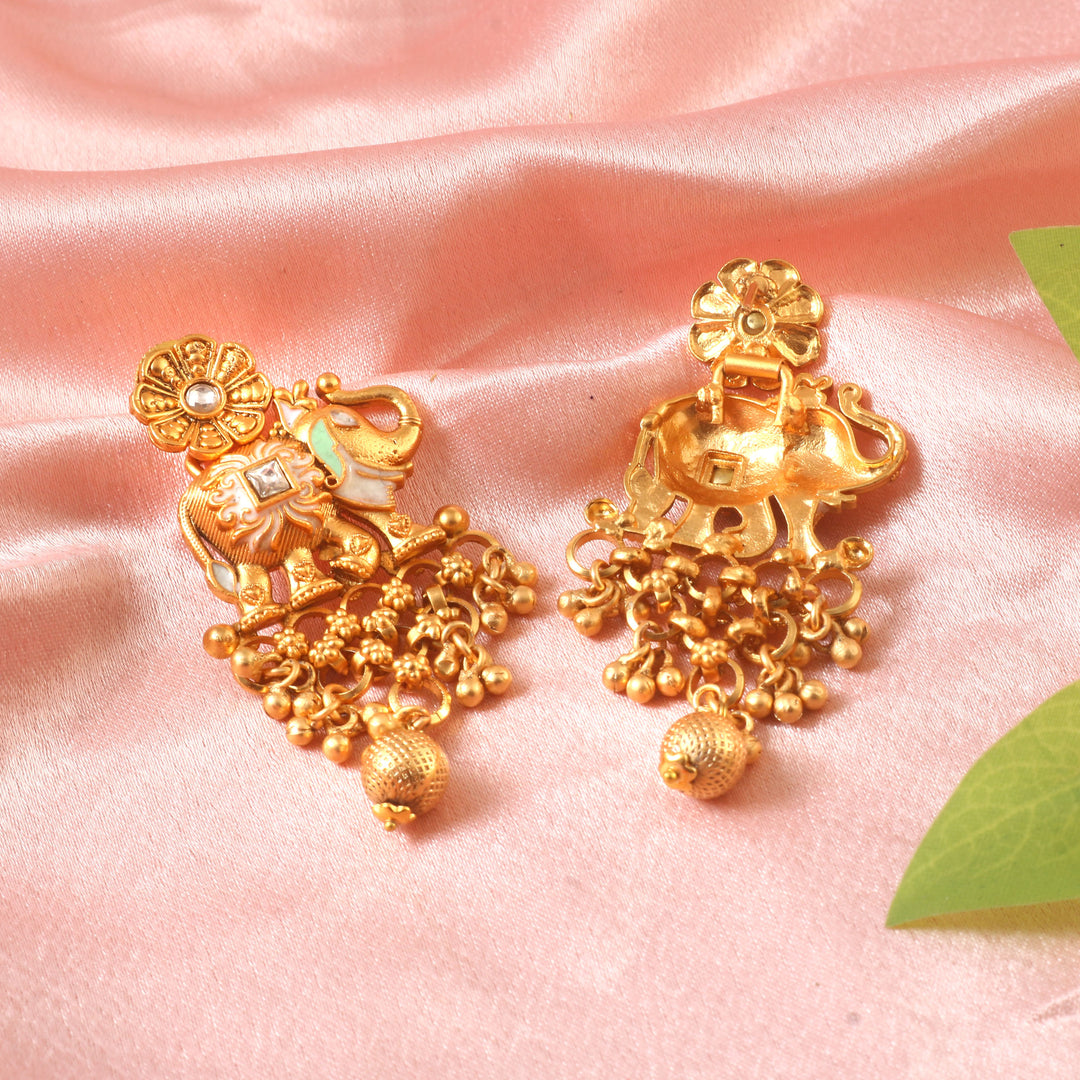 Gold-plated choker set with elephant motif, hand-painted Meenakari & matching earrings
