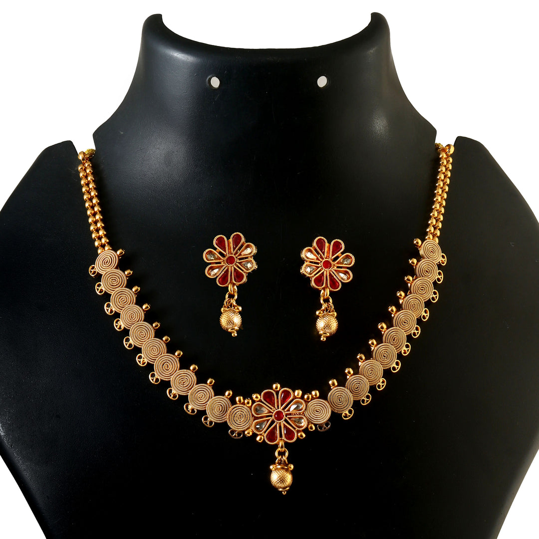 Vintage Floral Ruby Choker Set - Antique Gold Plated Jewellery for Festive Wear