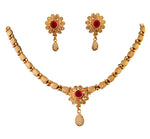 Load image into Gallery viewer, Traditional Gold-Plated Floral Necklace Set with Ruby Red Stone &amp; Matching Earrings
