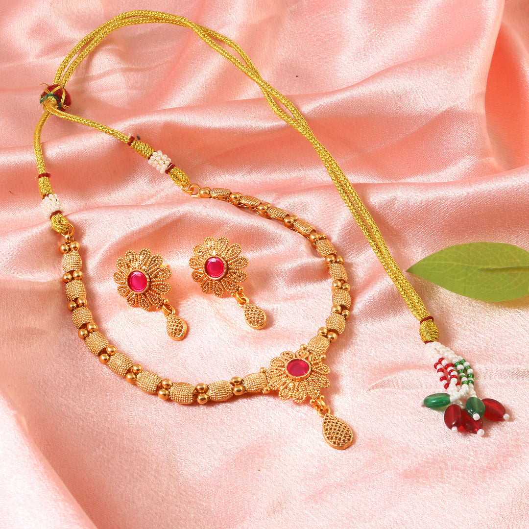 Traditional Gold-Plated Floral Necklace Set with Ruby Red Stone & Matching Earrings