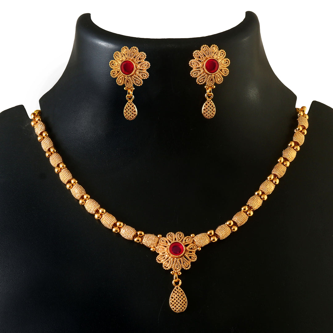 Traditional Gold-Plated Floral Necklace Set with Ruby Red Stone & Matching Earrings