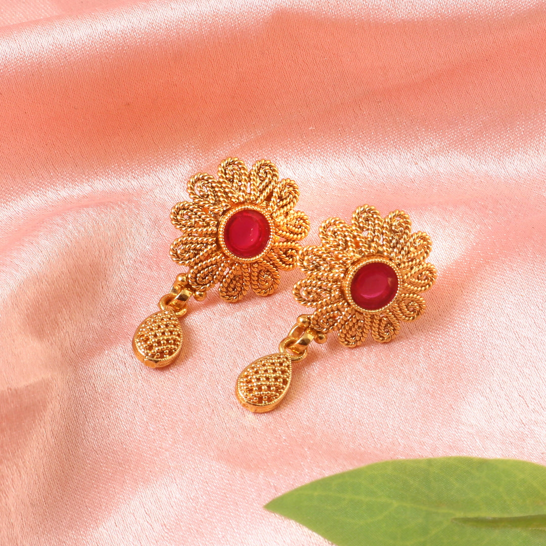 Traditional Gold-Plated Floral Necklace Set with Ruby Red Stone & Matching Earrings