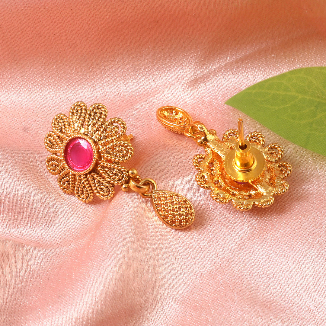 Traditional Gold-Plated Floral Necklace Set with Ruby Red Stone & Matching Earrings