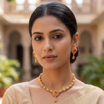 Load image into Gallery viewer, Traditional Gold-Plated Floral Necklace Set with Ruby Red Stone &amp; Matching Earrings
