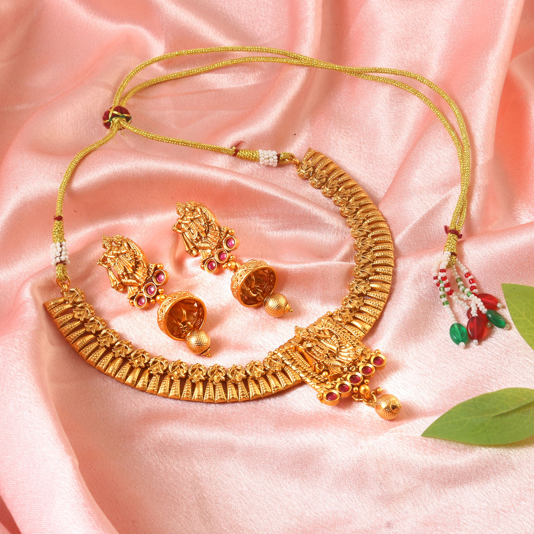Royal Matte Gold Plated Antique Choker Temple Jewellery Set with Ruby Stones
