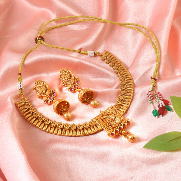 Royal Matte Gold Plated Antique Choker Temple Jewellery Set with Ruby Stones