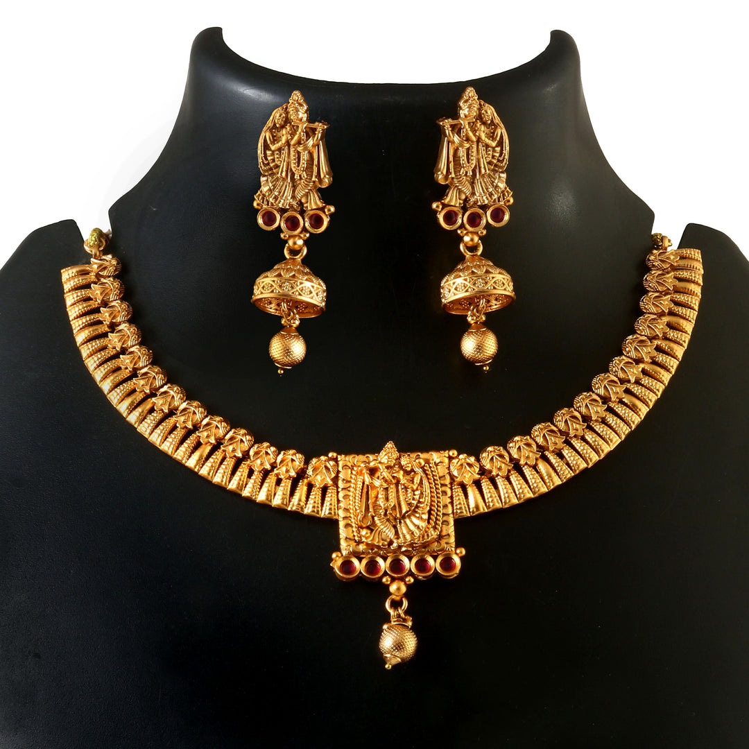 Royal Matte Gold Plated Antique Choker Temple Jewellery Set with Ruby Stones