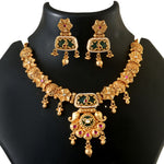 Load image into Gallery viewer, South Indian gold-plated choker set with emerald, ruby accents &amp; antique finish
