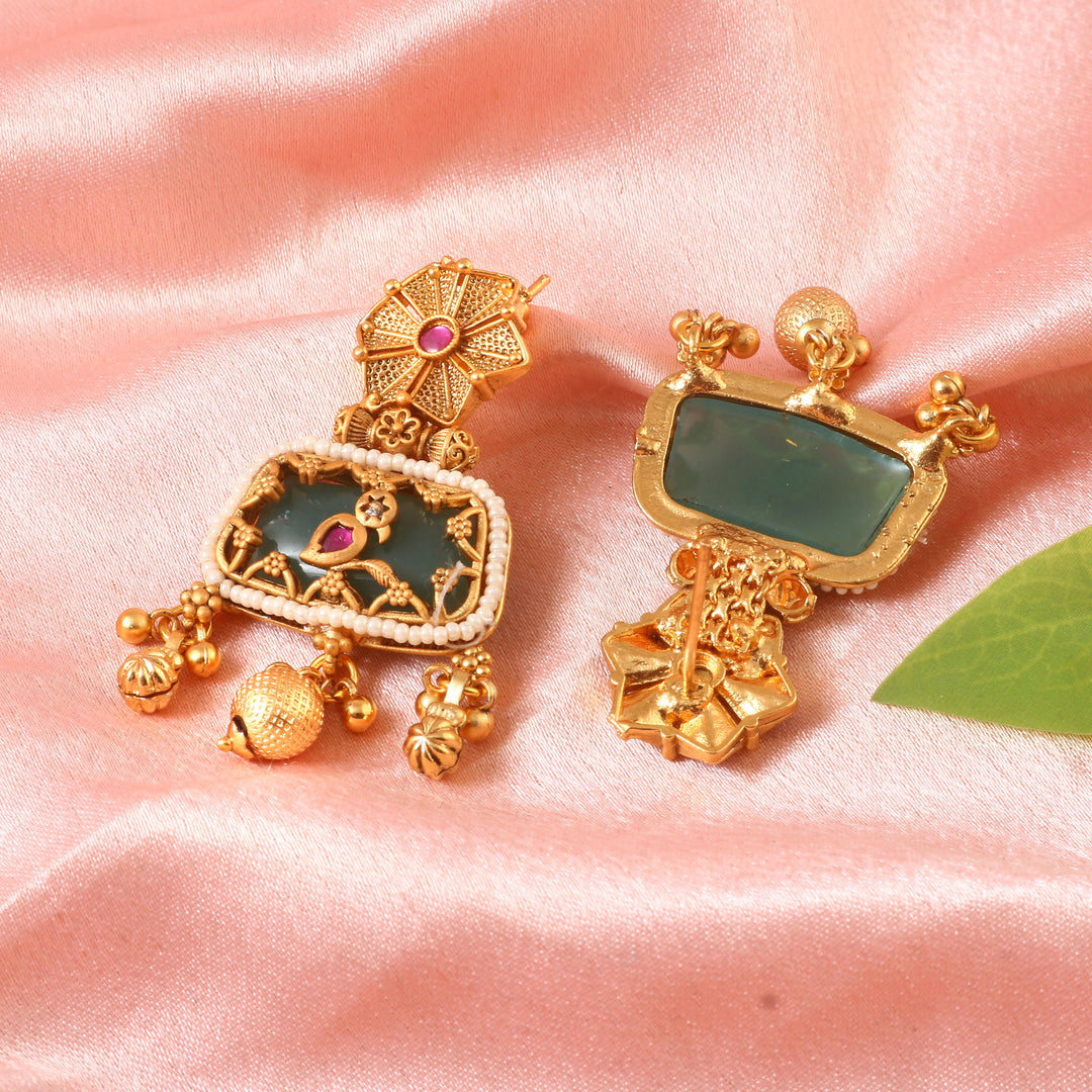 South Indian gold-plated choker set with emerald, ruby accents & antique finish
