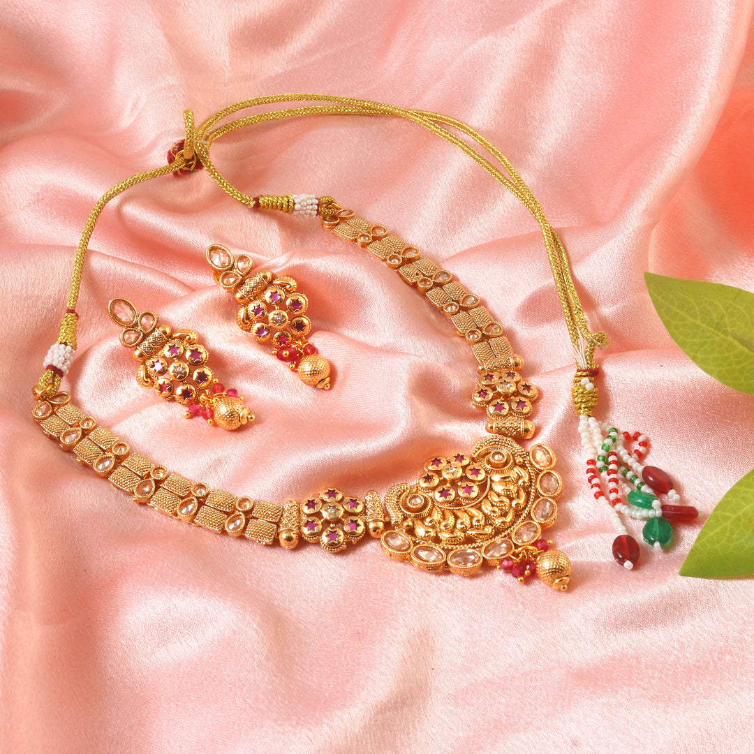 Premium Gold-Plated Ethnic Choker Set with Intricate Floral Motif and Stone Droplets
