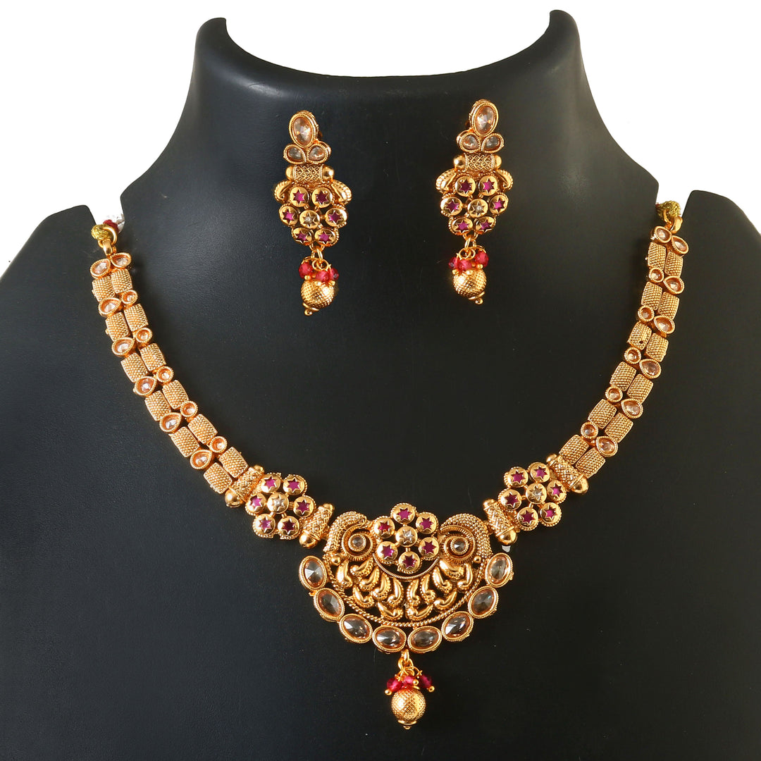 Premium Gold-Plated Ethnic Choker Set with Intricate Floral Motif and Stone Droplets