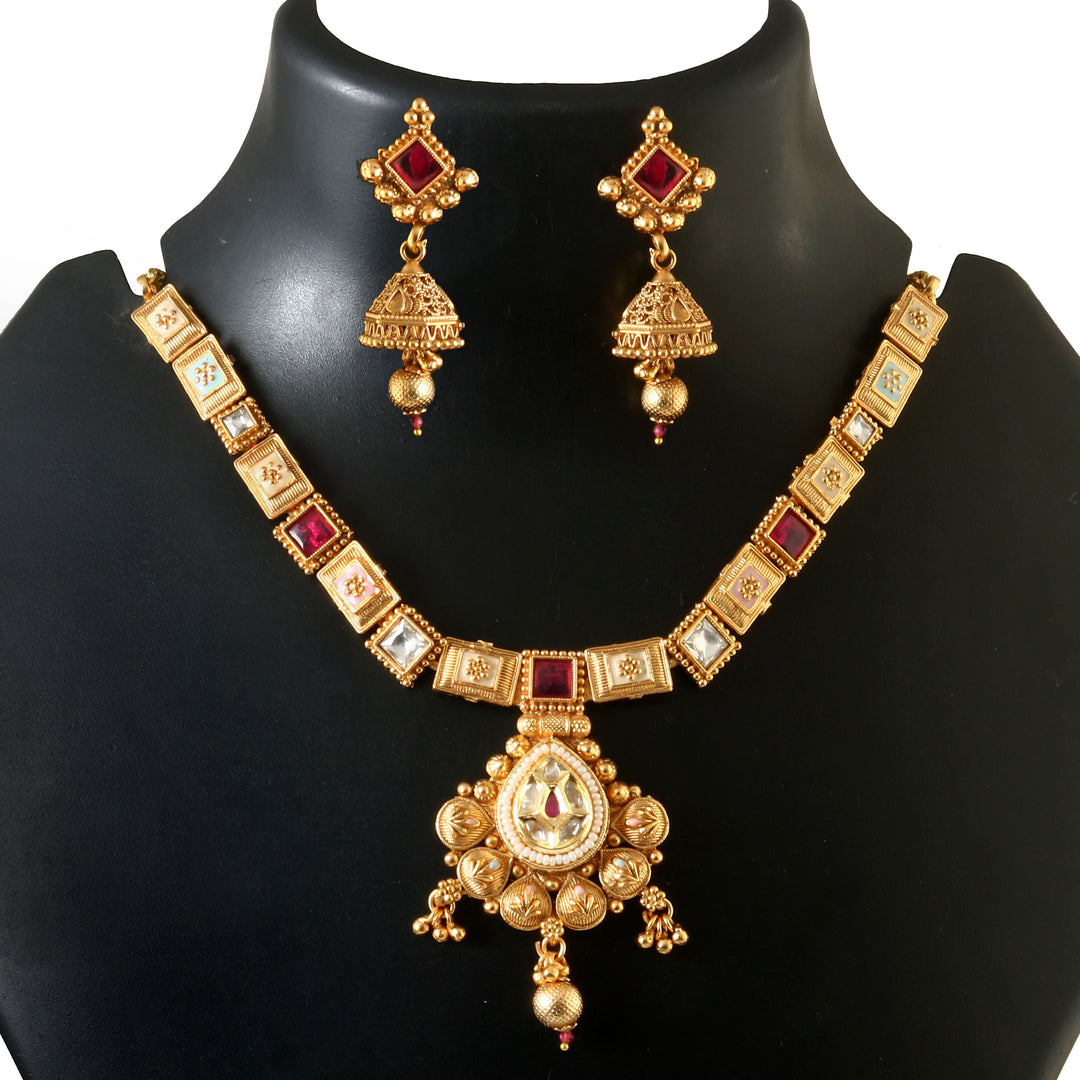 Antique matte gold-plated choker with floral pendant and pastel enamel detailing