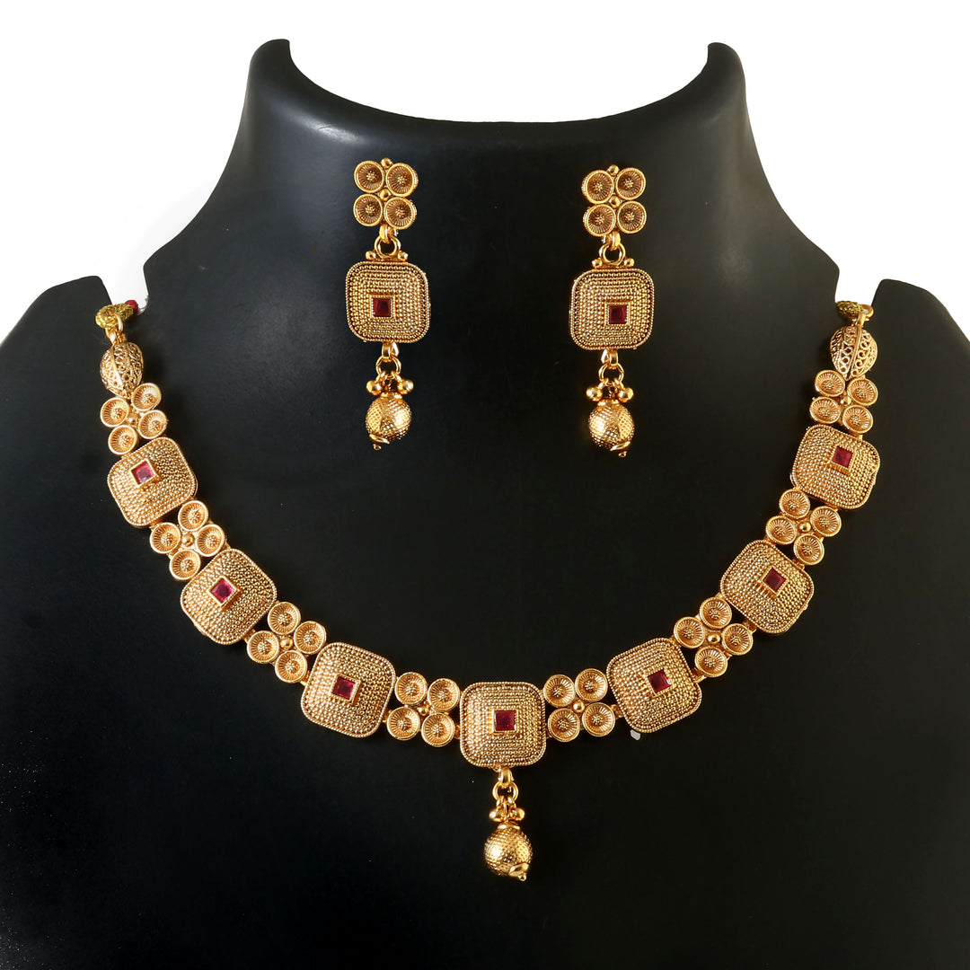 Ethnic Jewelry Set: Handcrafted Gold-Toned Choker with Pink Stone Embellishments and Jhumka Earrings