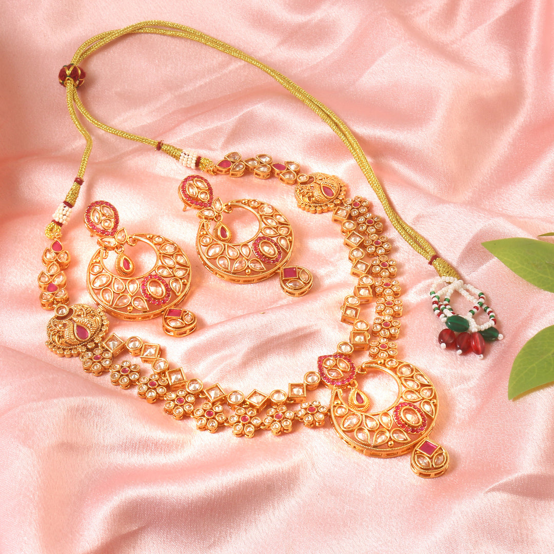 Traditional Gold-Plated Red & White Kundan-Studded Chandbali Jewellery Set