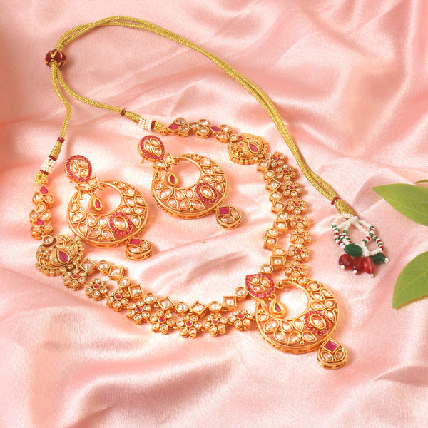 Traditional Gold-Plated Red & White Kundan-Studded Chandbali Jewellery Set