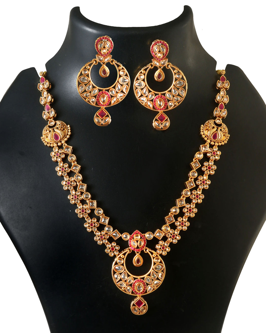 Traditional Gold-Plated Red & White Kundan-Studded Chandbali Jewellery Set