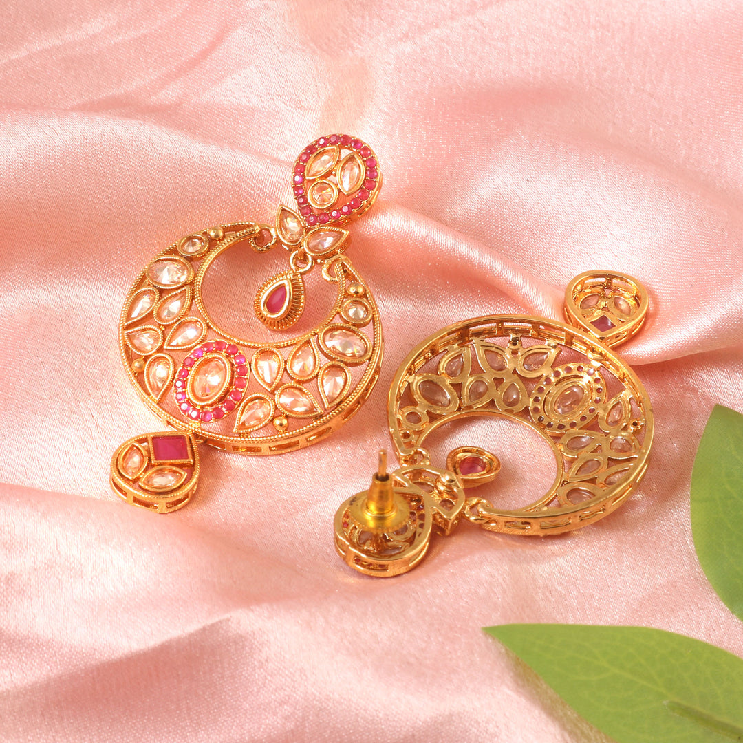 Traditional Gold-Plated Red & White Kundan-Studded Chandbali Jewellery Set