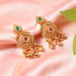 Load image into Gallery viewer, Ethnic temple-style matte gold plated necklace set with ruby red &amp; emerald Dark Green stones.
