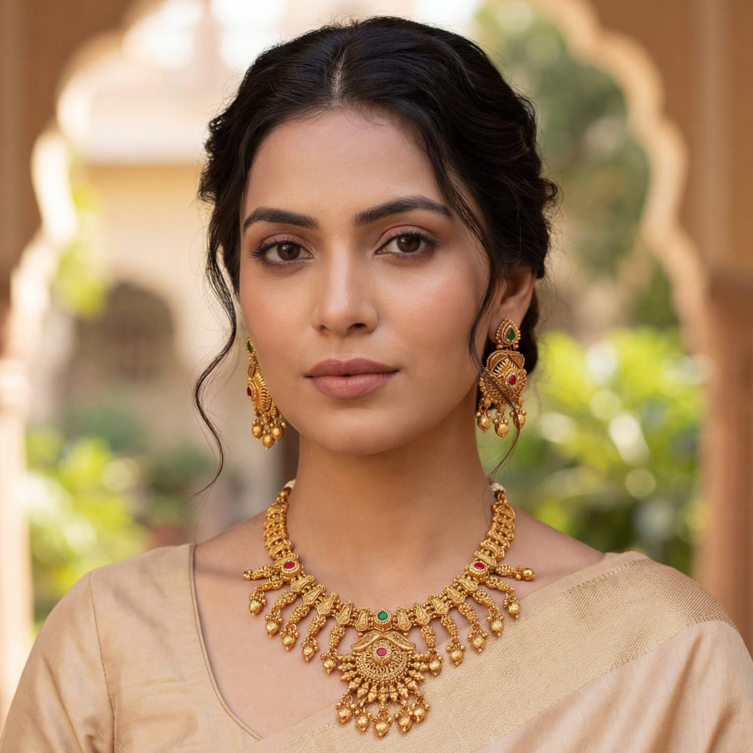 Ethnic temple-style matte gold plated necklace set with ruby red & emerald Dark Green stones.