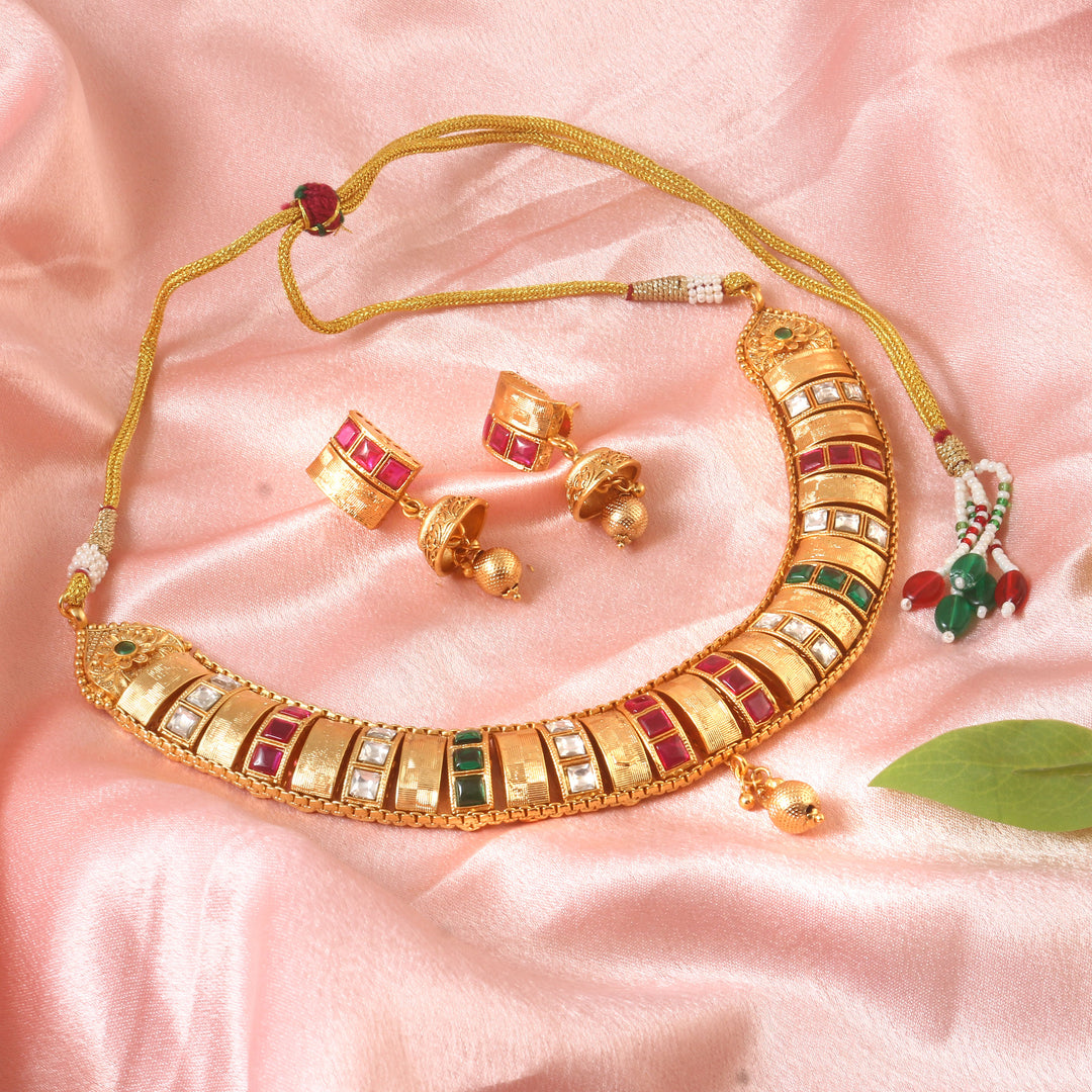 Traditional Matte Gold-Plated Choker Necklace Set with Multi-Color Ruby & Emerald Stones