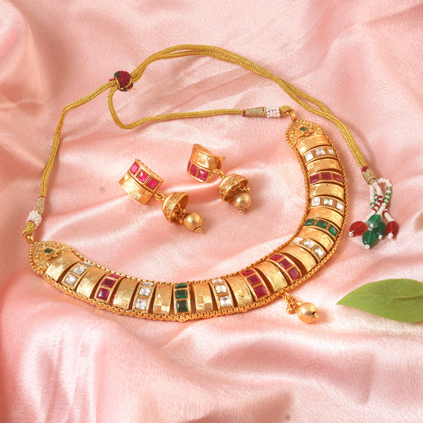 Traditional Matte Gold-Plated Choker Necklace Set with Multi-Color Ruby & Emerald Stones