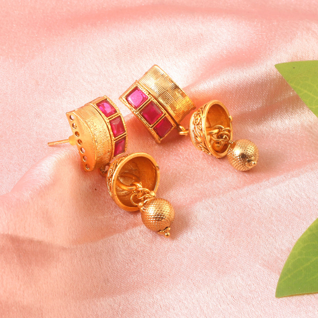 Traditional Matte Gold-Plated Choker Necklace Set with Multi-Color Ruby & Emerald Stones