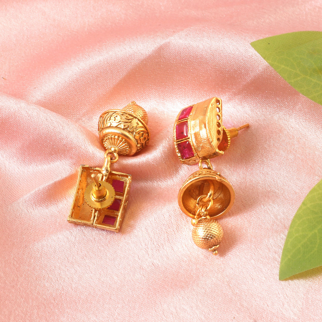 Traditional Matte Gold-Plated Choker Necklace Set with Multi-Color Ruby & Emerald Stones