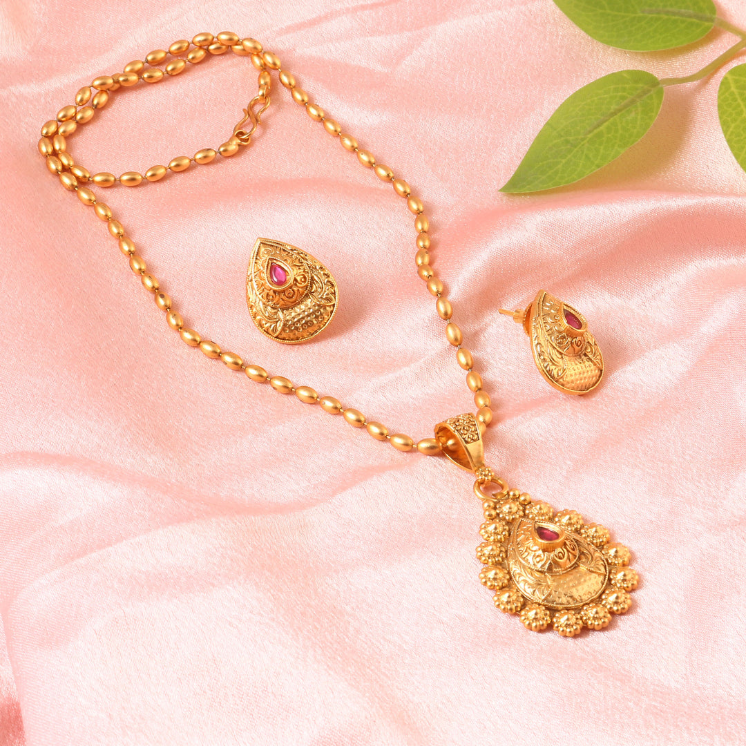Traditional Gold-Plated Long Pendant Necklace Set with Ruby & Emerald Accents