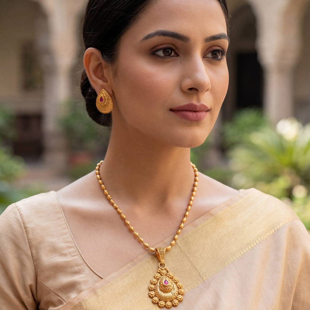 Traditional Gold-Plated Long Pendant Necklace Set with Ruby & Emerald Accents