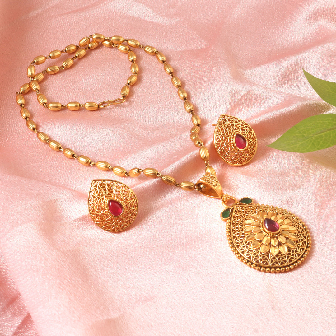 Traditional Gold-Plated Long Pendant Necklace Set with Ruby & Emerald Accents