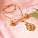 Load image into Gallery viewer, Traditional Gold-Plated Long Pendant Necklace Set with Ruby &amp; Emerald Accents
