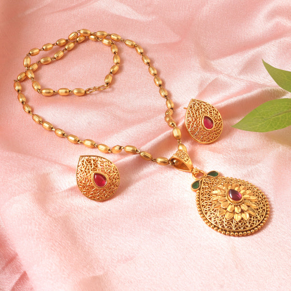 Traditional Gold-Plated Long Pendant Necklace Set with Ruby & Emerald Accents