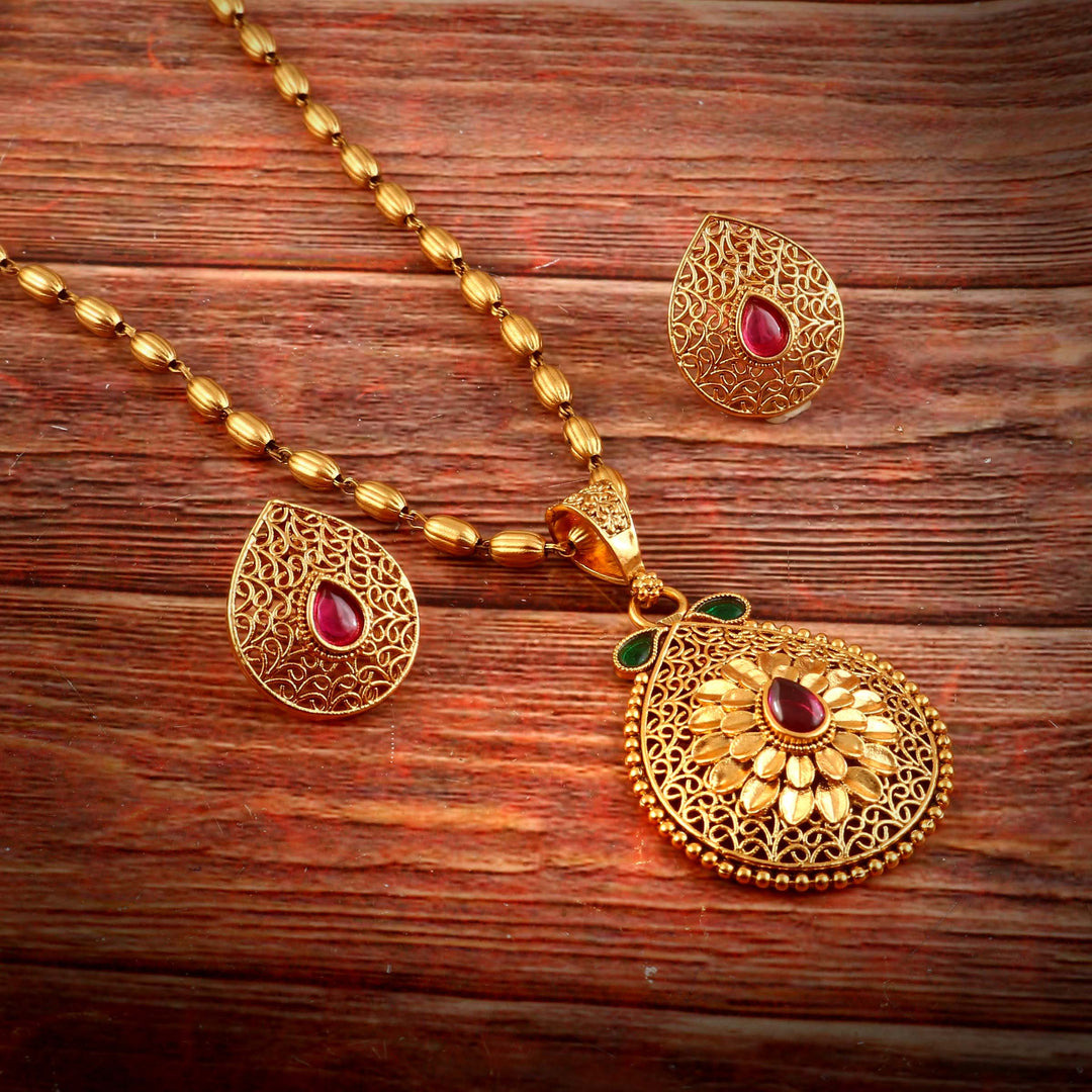 Traditional Gold-Plated Long Pendant Necklace Set with Ruby & Emerald Accents