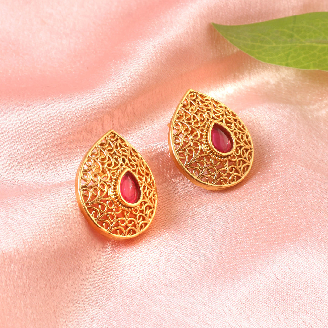 Traditional Gold-Plated Long Pendant Necklace Set with Ruby & Emerald Accents