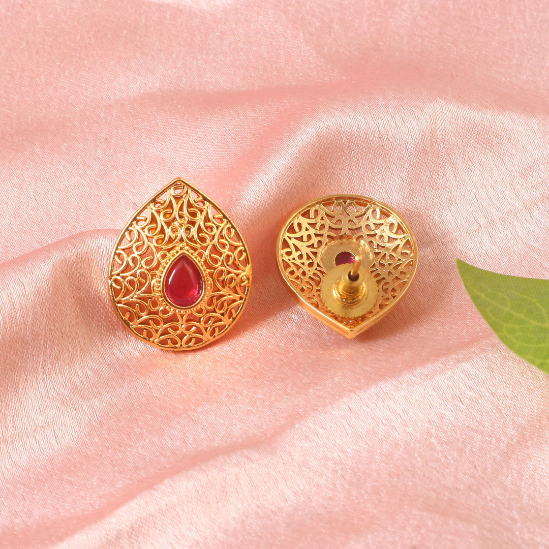 Traditional Gold-Plated Long Pendant Necklace Set with Ruby & Emerald Accents