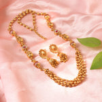 Load image into Gallery viewer, Exquisite Antique Gold-Plated Long Mala Necklace Set with Pink Accents and Jhumks
