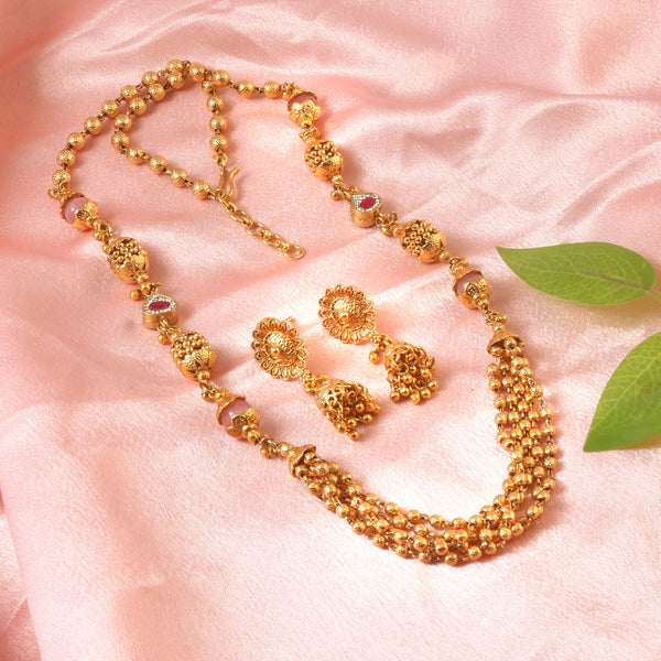 Exquisite Antique Gold-Plated Long Mala Necklace Set with Pink Accents and Jhumks