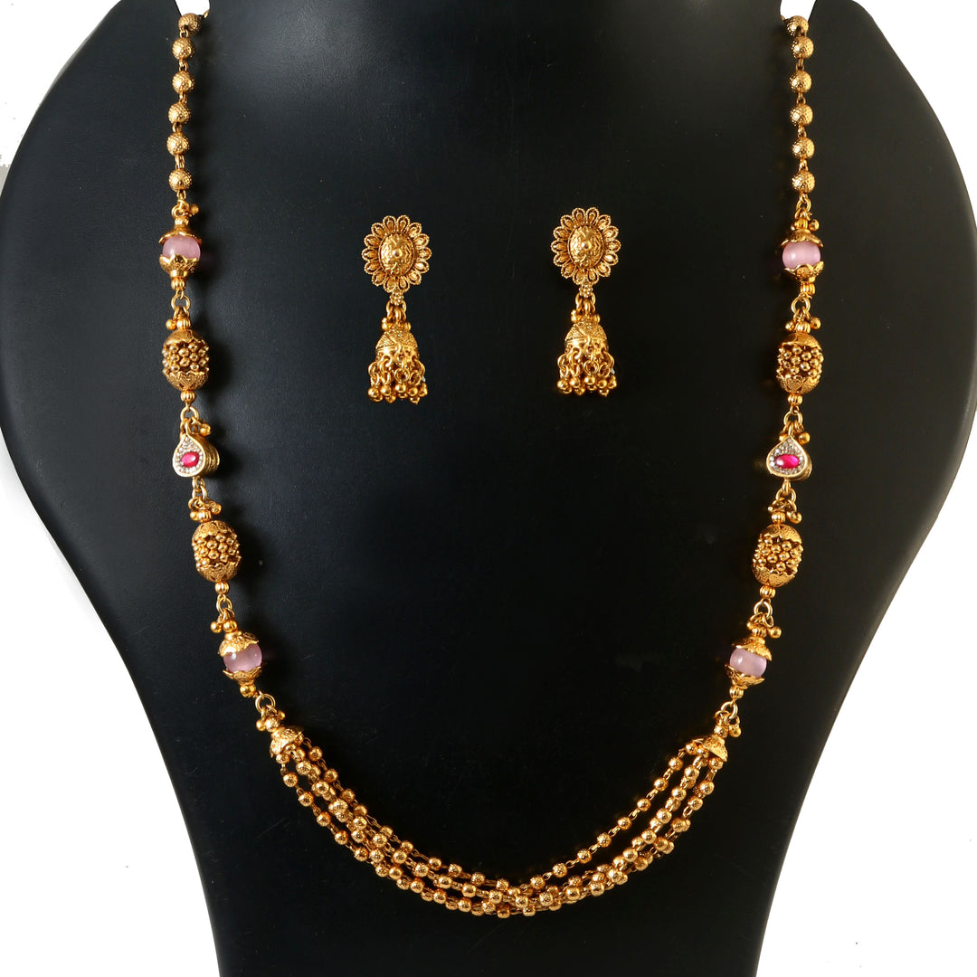Exquisite Antique Gold-Plated Long Mala Necklace Set with Pink Accents and Jhumks